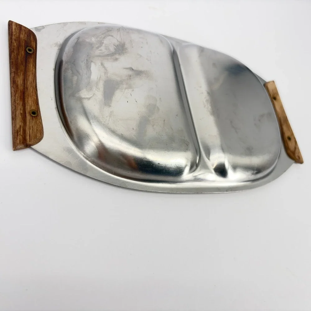 Japan Vintage Stainless Steel Divided Relish Tray Wood Handles 13 Inch MCM